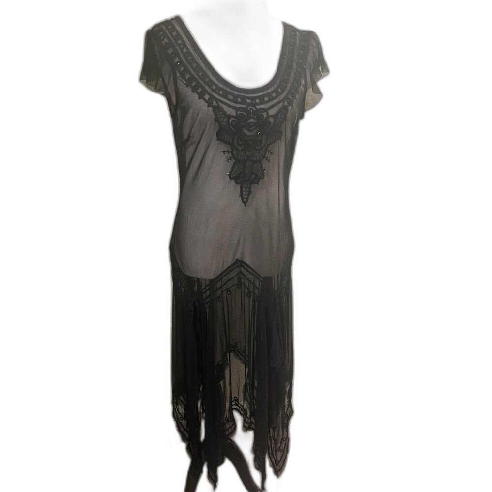 Antique 1920s Black Net Dress Hand Beaded & Sequins Flower Tiered Maxi vintage M